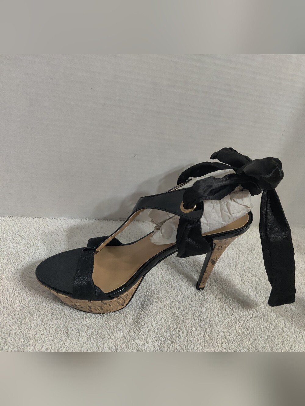 Black Patent T-Strap Satin Tie Heels By Bolaro